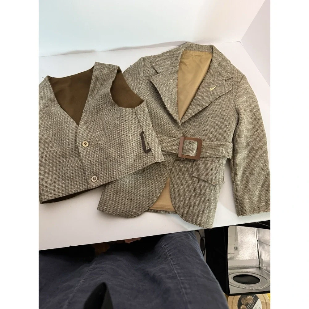 Vintage Mens Brown Herringbone Tweed Belted Jacket and Vest Set 1940s 50s Style